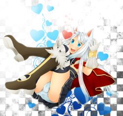 1girl :d animal_ears black_dress black_thighhighs blue_eyes blush boots brown_boots cameltoe cape cat_ears cat_girl checkered_background commentary_request creator_(ragnarok_online) dress falling full_body fur-trimmed_boots fur_trim gloves grey_panties heart long_hair meiko_(nattu303) open_mouth panties ragnarok_online red_cape short_dress smile solo strapless strapless_dress striped_clothes striped_thighhighs thighhighs underwear white_gloves white_hair white_thighhighs