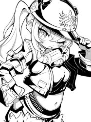 1girl belt blush breasts crop_top crossed_bangs gloves greyscale hair_between_eyes hand_on_headwear hand_on_own_hip helmet highres jacket ketsu_juuji_killer_(kejuki) long_hair long_sleeves looking_at_viewer luciana_de_montefio mask mask_around_neck monochrome navel one_eye_closed open_clothes open_jacket open_mouth shorts side_ponytail simple_background small_breasts solo zenless_zone_zero