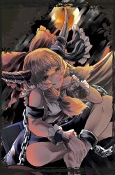 1girl bow brown_horns chain crossed_legs cube cuffs dark_background hair_bow highres horn_ornament horn_ribbon horns ibuki_suika long_hair moon oni orange_hair red_bow ribbon shackles shirt sleeveless sleeveless_shirt smile solo touhou umaieokakitai white_shirt yellow_eyes