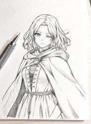 Rule 34 | 1girl, art tools in frame, cape, closed mouth, commentary request, elden ring, graphite (medium), greyscale, highres, medium hair, melina (elden ring), monochrome, one eye closed, photo (medium), scar, seishun dendeke, solo, standing, traditional media