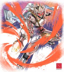 Rule 34 | 1boy, absurdres, armor, boots, cape, gavvwhipir, gloves, henshin belt gavv, highres, holding, holding sword, holding weapon, kamen rider, kamen rider gavv, kamen rider gavv (caking form), kamen rider gavv (series), male focus, mawmaoou, red eyes, rider belt, solo, sword, weapon, white armor, white cape