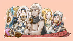 1990s_(style) 4boys age_difference armor blonde_hair blue_eyes brothers cain_highwind cape cecil_harvey ceodore_harvey donut earrings closed_eyes family father_and_son final_fantasy final_fantasy_iv final_fantasy_iv:_the_after_years food golbez green_eyes headband headdress husband_and_wife jewelry long_hair male_focus mother_and_son multiple_boys naa_(54891637) purple_eyes robe rosa_farrell scarf short_hair siblings silver_hair uncle_and_nephew