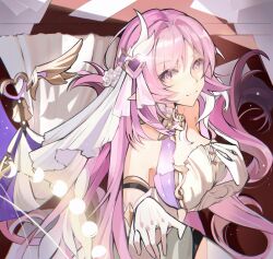 1girl bare_shoulders breasts closed_mouth commentary elysia_(herrscher_of_human:_ego)_(honkai_impact) elysia_(honkai_impact) floating_drapes glint gloves hair_ornament highres honkai_(series) honkai_impact_3rd large_breasts looking_at_viewer minami_branch_peach offering_hand pink_eyes pink_hair pointy_ears smile solo symbol-only_commentary upper_body veil white_gloves white_veil