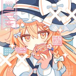 Rule 34 | 1girl, black hat, black vest, blonde hair, blush, bow, braid, collared shirt, commentary, donut, food, frilled hat, frills, hair between eyes, hair bow, hand up, hat, hat bow, highres, holding, holding donut, holding food, kirisame marisa, long hair, long sleeves, looking at viewer, open mouth, portrait, qr code, shirocha tei, shirt, single braid, solo, sparkle, symbol-only commentary, touhou, twitter username, vest, watermark, white bow, white shirt, yellow eyes
