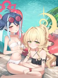 Rule 34 | 2girls, absurdres, alternate costume, bikini, black bikini, blonde hair, blue archive, blue hair, breasts, ciza gomi, commentary, criss-cross halter, double bun, eyewear on head, fubuki (blue archive), green eyes, hair bun, halo, halterneck, highres, long hair, looking at viewer, multiple girls, open mouth, parted lips, pink-tinted eyewear, ponytail, professor niyaniya (blue archive), red eyes, red halo, round eyewear, short hair, small breasts, sunglasses, swimsuit, symbol-only commentary, tinted eyewear, white bikini, yellow halo