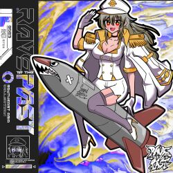abstract_background album_cover breasts coat cover edm grey_hair hat high_heels highres large_breasts long_hair military_hat military_uniform music overcoat pantyhose red_eyes rocket salute sparkling_eyes