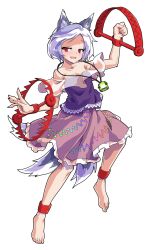 1girl alphes_(style) animal_ears anklet arm_up barefoot bear_trap blush dairi dog_ears dog_tail fang feet full_body grey_hair jewelry large_variant_set looking_at_viewer mitsugashira_enoko multiple_tails open_mouth parody pink_skirt purple_shirt red_eyes shirt short_hair short_sleeves skirt solo standing style_parody tachi-e tail toes touhou transparent_background variant_set