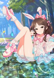 1girl absurdres animal_ears blush brown_eyes brown_hair bug butterfly dress fake_animal_ears frilled_dress frills full_body hair_ornament hair_ribbon highres hmax idolmaster idolmaster_cinderella_girls insect knees_together_feet_apart leg_up long_sleeves looking_at_viewer multicolored_dress official_style outdoors panties partially_submerged pink_ribbon rabbit_ears ribbon see-through_clothes smile solo tachibana_arisu twintails underwear wet wet_clothes white_panties