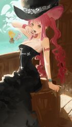 1girl absurdres arm_support arms_behind_back bare_shoulders black_dress breasts brown_eyes brush_stroke cleavage dress drill_hair eyelashes faux_traditional_media hand_on_own_cheek hand_on_own_face hand_up hat highres long_dress long_hair looking_at_viewer medium_breasts on_ship one_piece open_mouth painterly perona pink_hair pirate_ship raised_eyebrows sitting solo strapless strapless_dress sunlight takoyoomi top_hat twintails very_long_hair