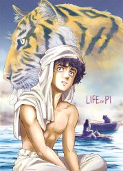 1boy absurdres animal bags_under_eyes black_eyes black_hair boat clenched_teeth collarbone curly_hair highres life_of_pi male_focus masutatsu_novuo ocean pants piscine_patel richard_parker_(life_of_pi) short_hair sitting solo_focus teeth tiger topless_male turban watercraft whiskers white_pants