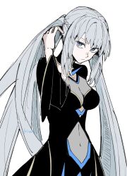 1girl blue_eyes braid breasts cleavage clothing_cutout covered_navel dress fate/grand_order fate_(series) grey_hair highres ki_wa001 large_breasts long_hair long_sleeves looking_at_viewer morgan_le_fay_(fate) ponytail simple_background solo upper_body very_long_hair white_background