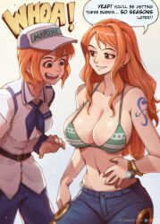 2girls :d baseball_cap bikini bikini_top_only blue_neckerchief blue_pants bracelet breasts brown_eyes cleavage collarbone commentary denim dual_persona earrings english_commentary english_text female_focus green_bikini grin hat highres jammeryx jeans jewelry large_breasts log_pose long_hair looking_at_breasts marine_uniform_(one_piece) medium_breasts multiple_girls nami_(one_piece) navel neckerchief one_piece one_piece_(live_action) open_mouth orange_hair pants pearl_earrings short_hair shoulder_tattoo smile speech_bubble standing stomach swimsuit tattoo very_long_hair wavy_hair