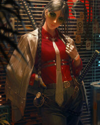 1girl belt between_fingers black_hair black_pants window_blinds blurry braid breasts cigarette collared_shirt depth_of_field earrings elbow_sleeve expressionless gloves gold_earrings green_eyes guweiz hand_on_own_hip highres holding holding_cigarette jacket jacket_on_shoulders jewelry katana long_hair long_sleeves looking_to_the_side medium_breasts necktie neon_lights no_smoking open_clothes open_jacket original pants parted_bangs partially_fingerless_gloves red_eyes red_shirt shirt sidelocks sign smoke standing sunglasses sword tie_clip twin_braids underbust very_long_hair weapon white_gloves white_jacket white_necktie window