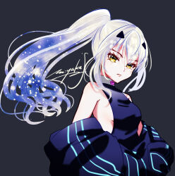 1girl artist_name bare_arms bare_shoulders black_background blue_coat blue_dress blue_hair bow breasts closed_mouth coat dress fate/grand_order fate_(series) forked_eyebrows hair_ornament highres long_hair looking_at_viewer melusine_(fate) miyaka_(58305841) multicolored_hair off_shoulder purple_bow signature simple_background sleeveless sleeveless_dress small_breasts solo two-tone_hair upper_body white_hair yellow_eyes