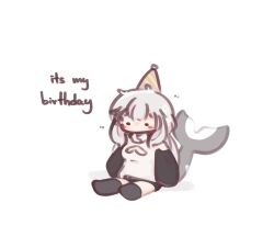 ._. 1girl artist_self-insert black_thighhighs blush_stickers breasts cetacean_tail chibi chonkyorca cleavage_cutout clothing_cutout commentary english_text fins fish_tail grey_hair hat heart_cutout long_hair long_sleeves medium_breasts no_shoes orca_(chonkyorca) original party_hat puffy_long_sleeves puffy_sleeves shadow simple_background sitting solo sweater symbol-only_commentary tail thighhighs turtleneck turtleneck_sweater very_long_hair white_background white_sweater