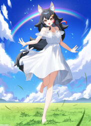 1girl absurdres alternate_costume animal_ears barefoot black_hair blue_sky cloud dress feet grass highres hololive long_hair looking_at_viewer mazellan multicolored_hair ookami_mio ponytail rainbow red_hair sky streaked_hair tail very_long_hair virtual_youtuber white_dress wolf_ears wolf_girl wolf_tail yellow_eyes