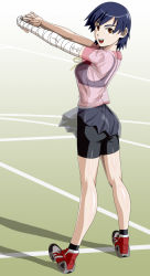 Rule 34 | 00s, 1girl, ass, bakemonogatari, bandages, bike shorts, black hair, female focus, highres, kanbaru suruga, legs, monogatari (series), open mouth, red eyes, school uniform, see-through clothes, short hair, solo, spandex, tomizofu, transparent