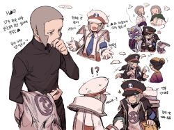 !? +++ ... 1girl 2boys afterimage anthe_(pokemon) arrow_(symbol) black_coat black_hat brothers closed_mouth coat commentary_request creatures_(company) game_freak gloves grey_eyes grey_hair hat hisuian_sneasel holding korean_commentary korean_text multiple_boys nintendo peaked_cap pearl_clan_outfit pokemon pokemon_(creature) pokemon_legends:_arceus seku_000 shirt short_hair siblings sideburns sneasler spoken_ellipsis translation_request white_coat white_gloves white_hat