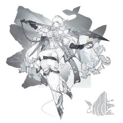 1girl absurdres ahoge black_hair breasts colored_skin full_body grey_eyes harpoon highres holding holding_polearm holding_weapon hook long_hair looking_at_viewer original polearm shiba_(s_hi_ba_) simple_background small_breasts solo weapon whale white_background white_hair white_skin