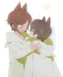 Rule 34 | 1boy, 1girl, animal ears, brown eyes, brown hair, e.g.o (project moon), fox ears, highres, hood, hood down, huyj cl, limbus company, open mouth, outis (project moon), project moon, raincoat, short hair, simple background, sunshower (e.g.o), upper body, white background, white raincoat, yi sang (project moon)