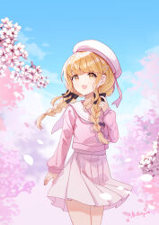 1girl :3 :d absurdres alternate_costume beret black_ribbon blonde_hair braid cherry_blossoms cowboy_shot falling_petals fang fujita_kotone gakuen_idolmaster hair_ribbon hat highres idolmaster long_hair long_sleeves looking_at_viewer low_twin_braids open_mouth outdoors pearl_hair_ornament petals pink_shirt pink_skirt pixiv_username ribbon sailor_collar school_uniform shirt skirt sky smile solo twin_braids white_hat white_ribbon white_sailor_collar ximilulu yellow_eyes