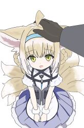 1girl :d absurdres ahoge animal_ear_fluff animal_ears arknights black_gloves blonde_hair blue_hairband blush bww_(user_ymyg3237) chinese_commentary commentary fox_ears fox_girl fox_tail gloves green_eyes hairband hand_on_another&#039;s_head headpat highres light_smile looking_at_viewer multicolored_hair multiple_tails open_mouth pov pov_hands purple_skirt shirt short_hair short_sleeves simple_background skirt smile solo_focus split_mouth streaked_hair suzuran_(arknights) tail v_arms white_background white_hair white_shirt white_tail yellow_tail
