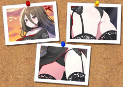 1girl ass black_garter_straps black_hair black_panties black_serafuku black_skirt black_thighhighs blue_archive fukamiki_kei garter_straps halo hasumi_(blue_archive) lace lace_panties long_hair mole mole_under_eye multiple_views panties pantyshot photo_(object) red_eyes red_halo school_uniform serafuku skirt thighhighs thighs underwear voyeurism