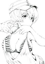 1girl armpits bikini blush breasts cleavage closed_mouth clothing_request facing_to_the_side girls_und_panzer greyscale hair_between_eyes halterneck hashtag-only_commentary hat heart heart_hands highres large_breasts looking_at_viewer monochrome sawamin short_hair short_shorts shorts simple_background sketch solo string_bikini striped_bikini striped_clothes swimsuit upper_body white_background youko_(girls_und_panzer)