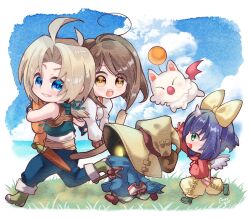 2boys 2girls ahoge aqua_ribbon aqua_vest arestear0701 artist_name bare_shoulders belt black_mage_(final_fantasy) blonde_hair blue_coat blue_eyes blue_hair blue_pants blush bob_cut bodysuit boots bow breasts brown_belt brown_eyes brown_hair cloud cloudy_sky coat creature cropped_vest eiko_carol final_fantasy final_fantasy_ix full_body garnet_til_alexandros_xvii glowing glowing_eyes grass green_eyes grin hair_bow hair_ribbon hat highres holding holding_staff horns juliet_sleeves long_sleeves low_ponytail mage_staff medium_breasts mini_wings monkey_tail moogle multiple_boys multiple_girls open_mouth orange_bodysuit outdoors overalls pants parted_bangs parted_lips pink_bodysuit ponytail puffy_long_sleeves puffy_sleeves red_shirt ribbon shirt short_hair single_horn sky sleeveless sleeveless_shirt smile staff swept_bangs tail teeth vest vivi_ornitier white_shirt wings wizard_hat wrist_cuffs yellow_bow yellow_eyes yellow_overalls zidane_tribal