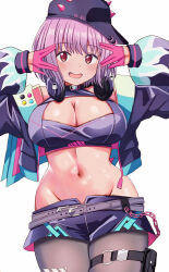 1girl :d absurdres bare_shoulders belt blush breasts chain cleavage cleavage_cutout clothing_cutout cowboy_shot crop_top cropped_jacket curvy gloves gridman_universe gridman_universe_(film) groin hair_between_eyes half_gloves hat headphones headphones_around_neck highres jacket large_breasts long_sleeves looking_at_viewer midriff navel nootomo off_shoulder official_alternate_costume open_clothes open_jacket open_mouth pantyhose pink_gloves pouch purple_belt purple_hair purple_hat purple_jacket purple_shirt purple_shorts red_eyes salute shinjou_akane shirt short_hair short_shorts shorts sidelocks simple_background skindentation sleeveless sleeveless_shirt smile solo ssss.gridman standing stomach thigh_pouch thighs white_background