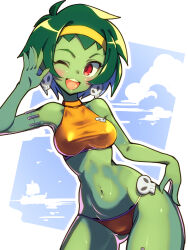 1girl ;d absurdres armpits bare_arms bare_legs bare_shoulders bikini bird blush breasts cloud colored_skin commentary cowboy_shot earrings english_commentary eyelashes green_hair green_nails green_skin groin hairband halterneck hand_on_own_hip hand_up highres jewelry looking_at_viewer medium_breasts momochi_momotan monster_girl navel ocean one_eye_closed open_mouth orange_bikini outline red_eyes rottytops shantae_(series) ship short_hair shorts skull skull_belt skull_earrings skull_print smile solo standing stitched_arm stitched_leg stitches stomach swimsuit teeth thick_outlines tongue torn_clothes torn_shorts undead upper_teeth_only watercraft white_outline white_trim yellow_hairband zombie