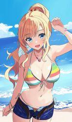 1girl bare_shoulders beach belt bikini bikini_under_clothes blonde_hair blue_eyes blue_shorts blue_sky blush bracelet breasts cleavage cloud collarbone day denim denim_shorts front-tie_bikini_top front-tie_top hair_ornament highres horizon idolmaster idolmaster_cinderella_girls jewelry long_hair looking_at_viewer masaki_(masakinariya) medium_breasts midriff multicolored_bikini navel necklace ocean ohtsuki_yui open_belt open_clothes open_fly open_mouth open_shorts outdoors ponytail rainbow_bikini sand shorts side-tie_bikini_bottom sky smile solo striped_bikini striped_clothes swimsuit unbuttoned unzipped water wavy_hair