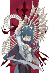 1girl absurdres animal_ears blue_eyes blue_hair blue_scarf blunt_bangs bone cat_ears chain closed_mouth cowboy_shot frown green_eyes highres long_sleeves longwatry monocle original outstretched_arm pocket_watch rapier red_background scarf shirt short_hair solo sword watch weapon white_shirt