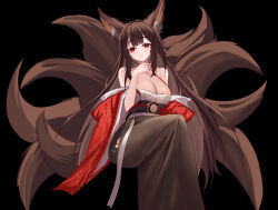 1girl :3 absurdres akagi_(azur_lane) akagi_(dawn_phoenix&#039;s_summons)_(azur_lane) animal_ears azur_lane bare_shoulders blush breasts brown_hair cleavage crossed_legs dress eyeshadow fox_ears fox_girl fox_tail hair_between_eyes hand_up highres hxk8732 japanese_clothes kitsune large_breasts long_hair makeup multiple_tails off_shoulder red_eyes red_eyeshadow sitting smile solo tail very_long_hair wide_sleeves