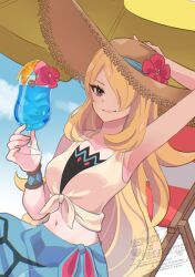 1girl armpits beach_chair beach_umbrella black_eyes blonde_hair brown_hat chair cherry closed_mouth cup cynthia_(pokemon) cynthia_(summer_2025)_(pokemon) drinking_glass flower food fruit hair_over_one_eye hat holding holding_cup ice ice_cube large_variant_set long_hair looking_at_viewer midriff mizuiro123 navel nintendo official_alternate_costume on_chair orange_(fruit) orange_slice pokemon pokemon_masters_ex smile solo sun_hat umbrella variant_set very_long_hair