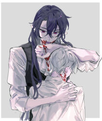 Rule 34 | 2boys, black vest, blood, blood on clothes, blood on face, collared shirt, grey background, grey hair, hair between eyes, highres, hug, long hair, male focus, multiple boys, original, pointy ears, purple hair, qyzhiaiyisheng, red eyes, shirt, short hair, simple background, vampire, vest, white shirt