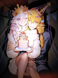 Rule 34 | 1boy, 1girl, alternate costume, bare shoulders, birthday, birthday cake, blonde hair, blue eyes, braid, cake, chinese commentary, collarbone, contemporary, couple, crown, feet out of frame, food, green eyes, hair between eyes, hair ornament, hairclip, hand on another&#039;s arm, happy, hat, head on another&#039;s shoulder, heads together, hetero, highres, holding, holding food, holding weapon, honkai (series), honkai impact 3rd, huabu308, hug, hug from behind, indoors, jewelry, kallen kaslana, knee up, long braid, long hair, long sleeves, looking at viewer, low-tied long hair, multicolored eyes, off shoulder, one eye closed, otto apocalypse, party, party hat, red pupils, ring, shade, shadow, single braid, sitting, sitting on person, smile, spotlight, sweater, sweets, teeth, too many hair ornaments, weapon, white hair, white sweater