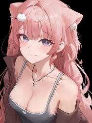 1girl absurdres animal_ear_fluff animal_ears black_background breasts brown_hair camisole cleavage closed_mouth collarbone commentary_request grey_camisole hair_ornament hairclip heart heart_necklace highres jewelry korean_commentary long_hair looking_at_viewer mac_star medium_breasts necklace original pink_hair purple_eyes simple_background smile solo upper_body
