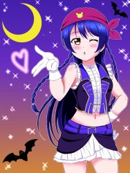 Rule 34 | 1girl, ;), alternate hairstyle, artist name, artist request, bandana, bare legs, bat (animal), belt, belt skirt, black skirt, black vest, blue belt, blue hair, blue sky, blush, braid, breasts, center frills, cloud, collared dress, crescent moon, dancing stars on me!, dress, female focus, frills, gloves, hair between eyes, hair tie, layered skirt, long hair, looking at viewer, love live!, love live! school idol festival, love live! school idol project, miniskirt, moon, night, night sky, one eye closed, outdoors, parted lips, plaid clothes, plaid dress, plaid skirt, pleated, pleated dress, pleated skirt, purple sky, red bandana, skirt, sky, sleeveless, sleeveless dress, smile, solo, sonoda umi, sparkle, star (sky), twin braids, vest, white dress, white gloves, white skirt, wink, yellow eyes