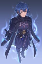 1boy armor armored_gloves black_armor black_boots black_cape black_gloves blue_hair boots cape closed_mouth dagger fire_emblem fire_emblem:_three_houses fire_emblem_engage from_above full_body gloves grey_eyes highres knife male_byleth_(emblem)_(fire_emblem) male_byleth_(fire_emblem) male_focus nintendo short_hair skeyme smile solo standing weapon
