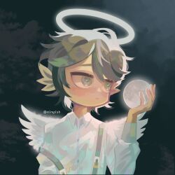 Rule 34 | 1boy, angel wings, black eyes, black hair, collared shirt, commentary, english commentary, eyebrows hidden by hair, halo, holding, male focus, mimpish, moon, original, shirt, solo, suspenders, suspenders slip, undersized object, upper body, white shirt, wings