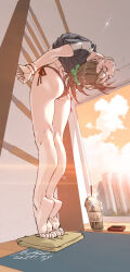 1girl ass back_peek bent_back black_panties black_shirt breasts brown_hair closed_eyes cropped_shirt gymnastics highres indoors long_hair nabipenciller original panties ponytail shirt side-tie_panties small_breasts solo standing thighs underwear