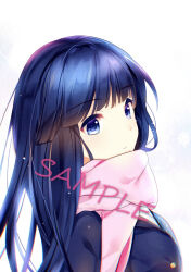 1girl absurdres black_hair blunt_bangs closed_mouth highres imoe_(1017933989) long_hair pink_scarf scarf simple_background solo touma_kazusa upper_body white_album_(series) white_album_2