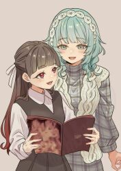 2girls absurdres aqua_hair baio_rin black_dress book breasts brown_hair cable_knit cardigan_vest casual censored collared_shirt commentary_request dress dress_shirt grey_background grey_dress hair_ribbon hairband half_updo highres holding holding_book kimi_no_koto_ga_dai_dai_dai_dai_daisuki_na_100-nin_no_kanojo large_breasts long_hair long_sleeves mado_cat02 medium_hair mosaic_censoring multiple_girls nemui_nemu open_book open_clothes open_vest pinafore_dress plaid_clothes plaid_dress red_eyes ribbon shirt simple_background sleeveless sleeveless_dress vest white_hairband white_ribbon white_shirt white_vest