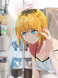 1girl bare_shoulders blonde_hair blue_eyes camisole closed_mouth collarbone commentary depth_charge earrings funi_mu9 highres indoors jewelry lens_flare mem-cho mirror multicolored_hair no_pupils oshi_no_ko reflection roots_(hair) short_hair sidelocks solo spaghetti_strap strap_slip stud_earrings upper_body white_camisole