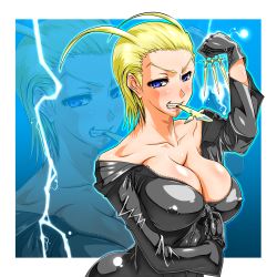 1girl blonde_hair blue_eyes breasts cleavage covered_erect_nipples female_focus gloves kingdom_hearts large_breasts larxene latex naughty_face no_bra short_hair solo undressing unzipped