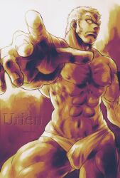Rule 34 | 1boy, abs, angie (kani-ga-tobuna), bara, brown theme, cleft chin, cowboy shot, foreshortening, frown, loincloth, long sideburns, looking at viewer, male focus, monochrome, muscular, muscular male, navel, nipples, reaching, reaching towards viewer, short hair, sideburns, solo, standing, street fighter, thighs, topless male, urien