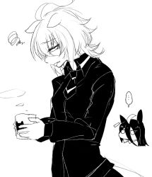 Rule 34 | ..., 2girls, agnes tachyon (umamusume), ahoge, alternate costume, animal ears, animal print, cat print, chibi, chibi inset, collared shirt, cup, disgust, ear tag, earrings, ears down, furrowed brow, greyscale, hair between eyes, holding, holding cup, horse ears, horse girl, horse tail, huge ahoge, jewelry, kagosumi, long bangs, long hair between eyes, long sleeves, manhattan cafe (umamusume), medium hair, monochrome, mug, multiple girls, necktie, shirt, short necktie, single earring, solo focus, speech bubble, spoken ellipsis, squiggle, tail, tongue, tongue out, umamusume