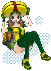 1girl absurdres asshimar bag brown_hair female_focus gloves green_eyes gundam hat highres holding holding_unworn_clothes holding_unworn_hat masukuza_j mecha_musume open_mouth personification raglan_sleeves solo thighhighs unworn_hat unworn_headwear zeta_gundam