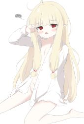 1girl absurdres barefoot blonde_hair character_request check_character check_copyright copyright_request highres long_hair open_clothes open_shirt pointy_ears red_eyes shirt simple_background solo user_yths2234 white_shirt
